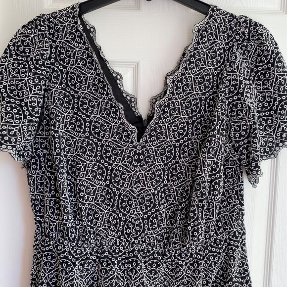 Navy & White Embroidered Short-Sleeve Romper With Scalloped V-Neckline & Elastic - Picture 3 of 8